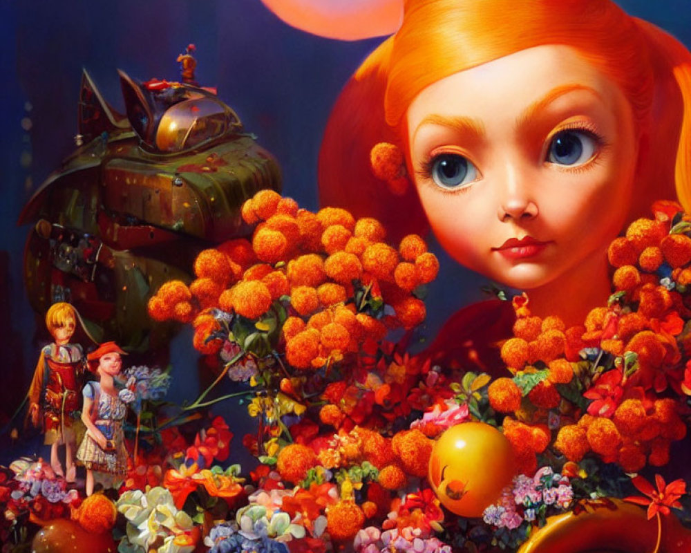 Colorful artwork with large-headed girl, small characters, flowers, and whimsical tank