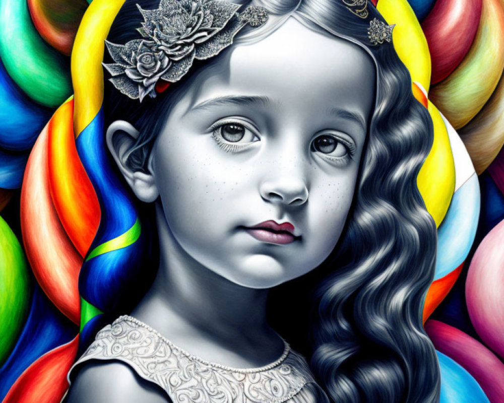 Detailed illustration of young girl with black and white features and colorful hair.