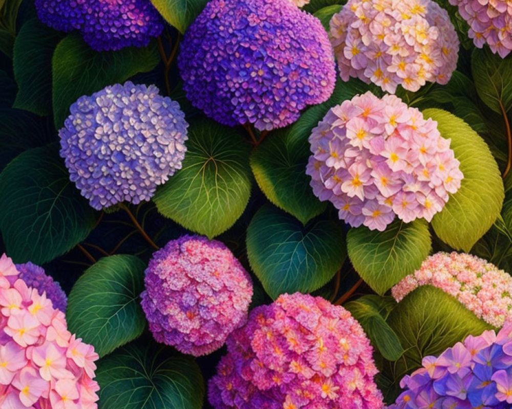 Colorful hydrangea blossoms in shades of pink, purple, and blue with lush green leaves