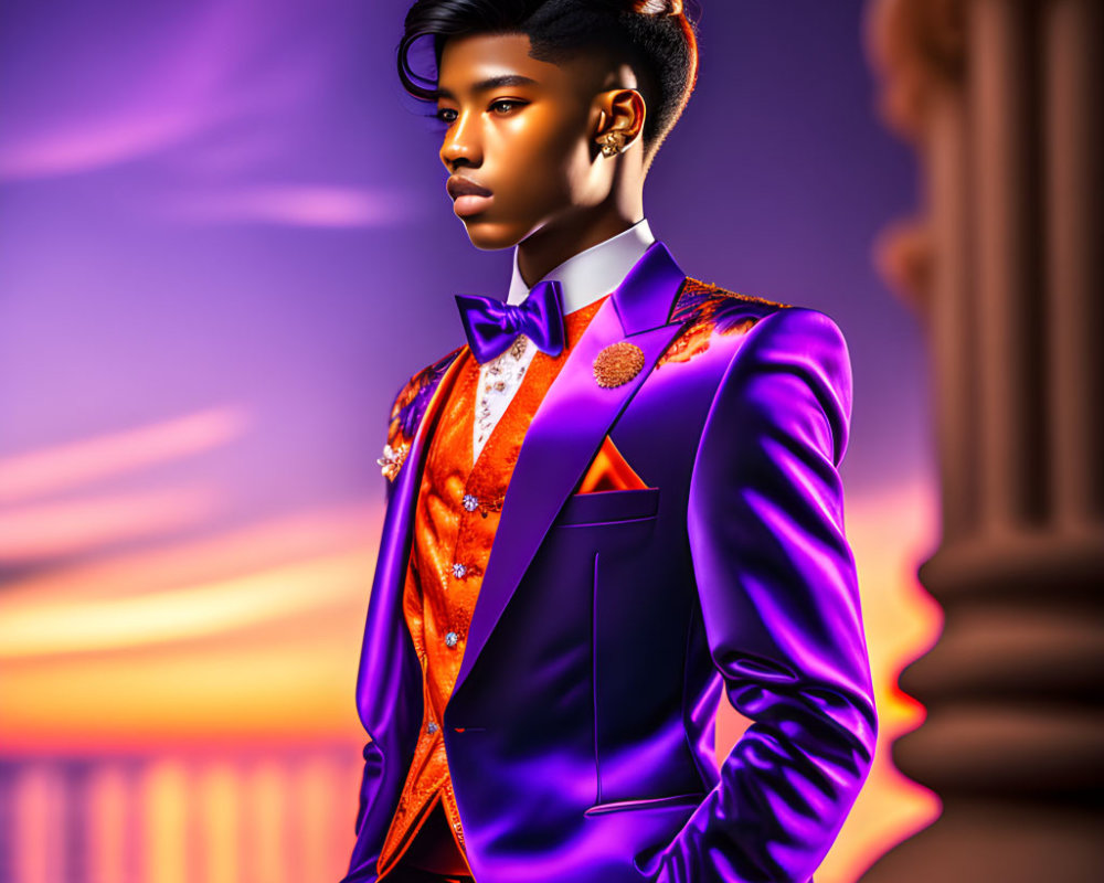 Stylish person in purple suit and orange vest posing confidently at sunset