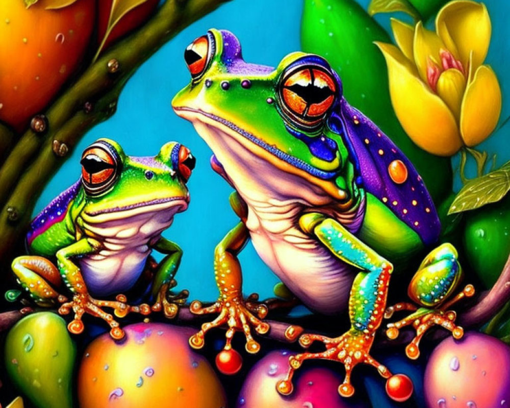 Colorful Stylized Frogs on Branches in Vibrant Nature Scene