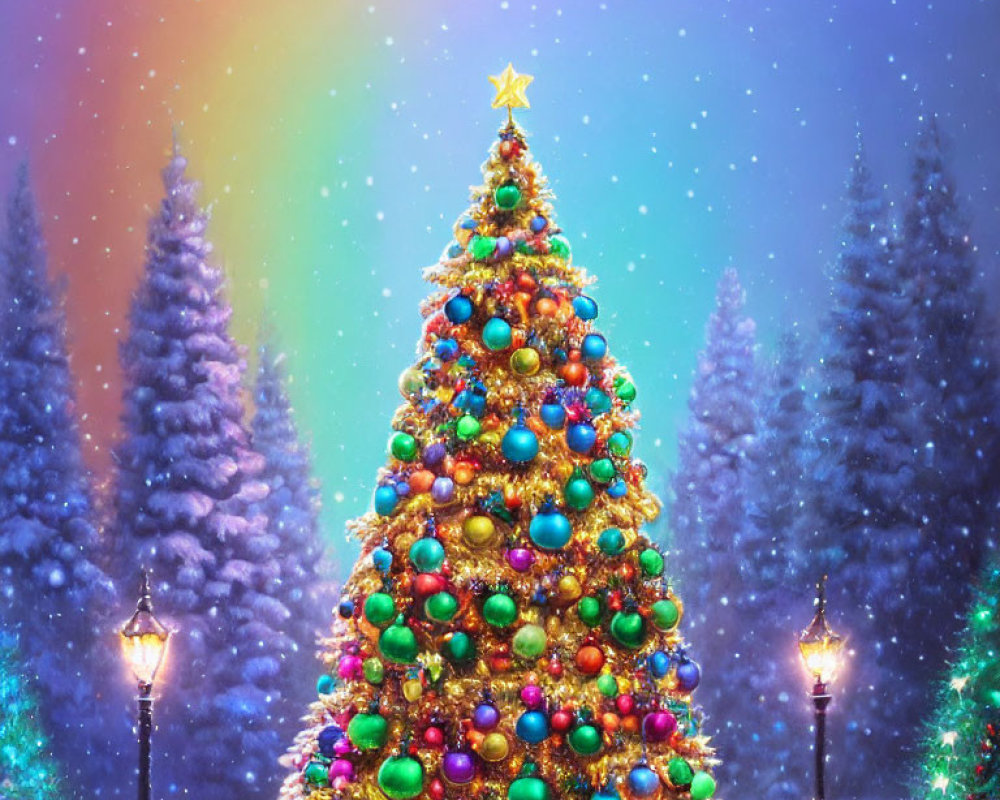 Colorful Ornaments on Vibrant Christmas Tree in Snowy Landscape