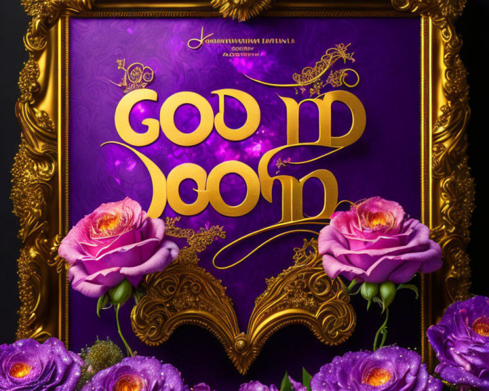 Colorful artwork: "GOOD MOOD" in gold script on purple background with pink roses