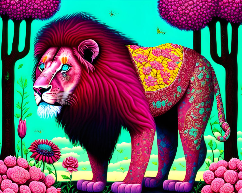 Colorful Lion Illustration in Fantasy Setting