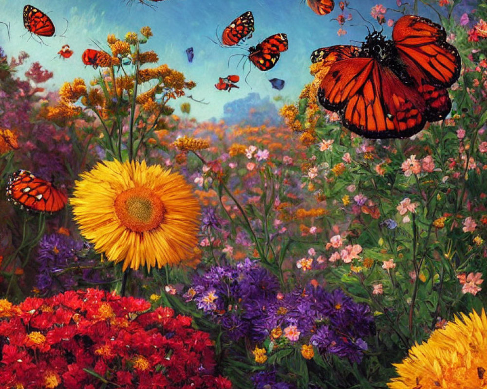 Colorful Flowers and Monarch Butterflies in Vibrant Garden