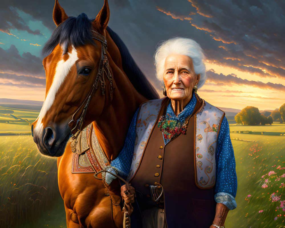 Elderly woman with white hair standing beside brown horse in field at sunset