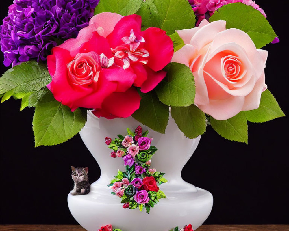 Colorful Flower Arrangement in White Vase with Kitten Figurine