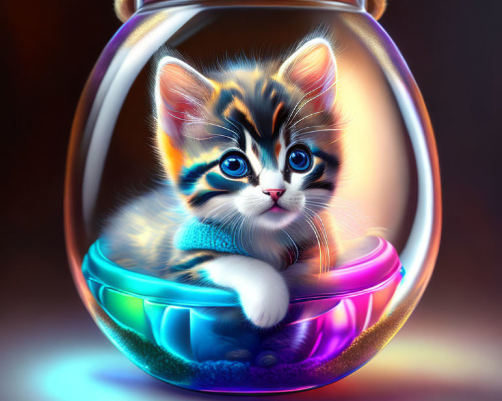 Digital Artwork: Adorable kitten in bubble with cushion