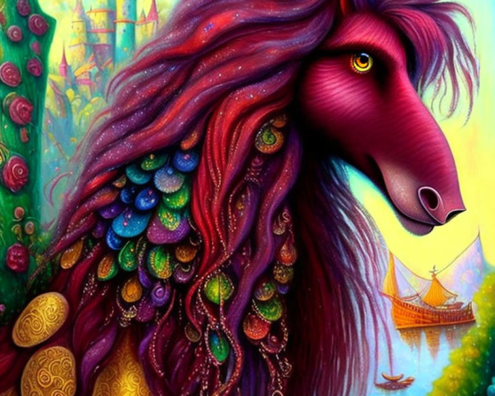 Colorful Fantasy Creature with Horse-like Profile and Castle Ship Background