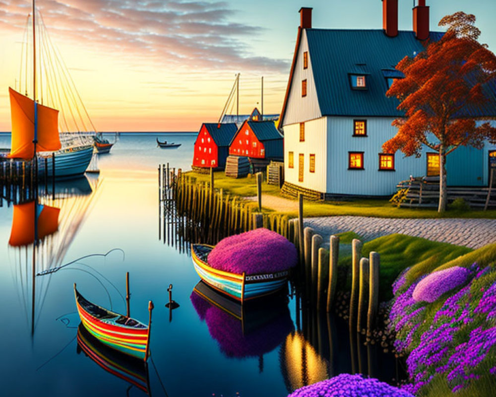 Scenic harbor with colorful boats, vibrant blooms, and quaint houses at sunset