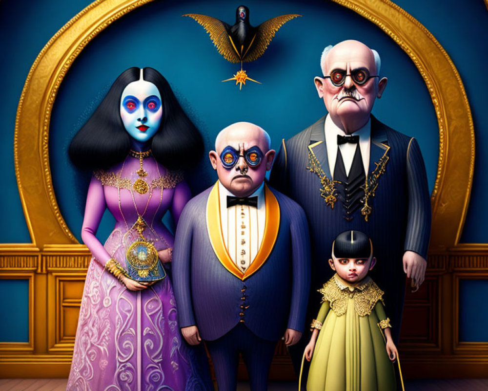 Stylized Addams Family illustration with Gomez, Morticia, Uncle Fester, Wednesday in orn