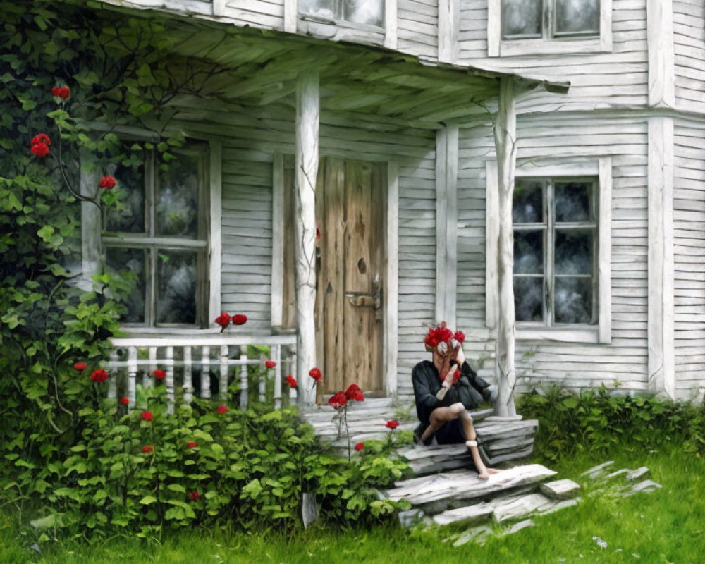 Person sitting on weathered porch step of white house with lush greenery and red flowers.