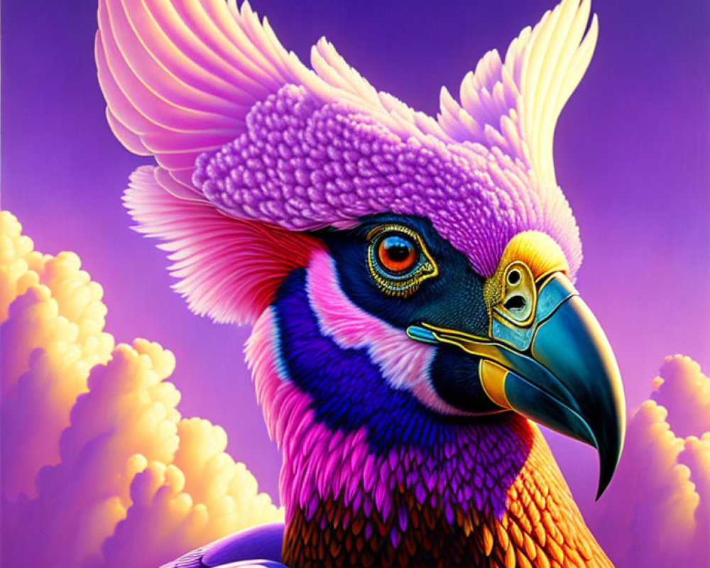 Colorful Bird Illustration with Crest Plumage in Purple, Yellow, and Pink