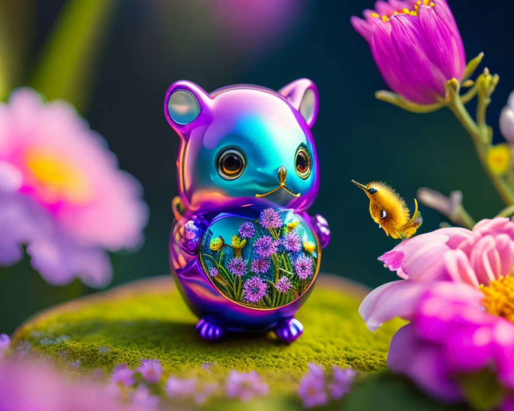 Iridescent animated bear with globe and flowers in colorful scene