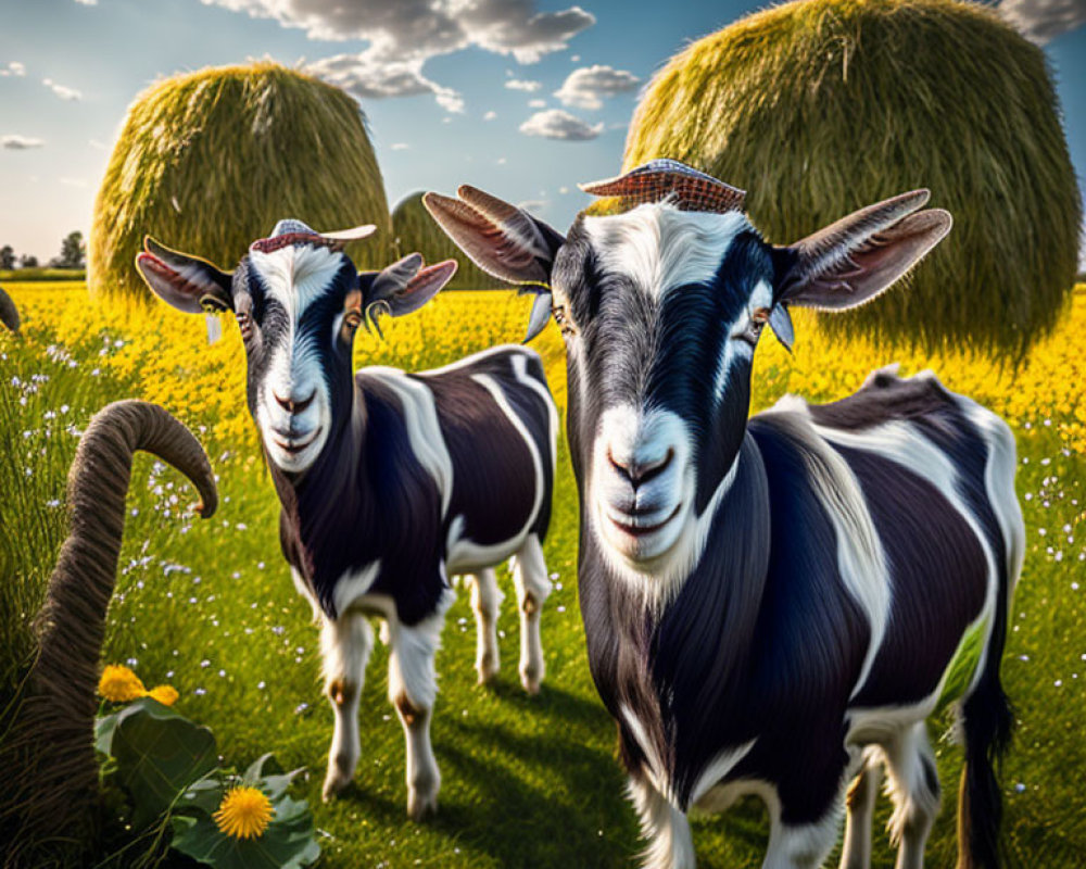 Two goats in sunny meadow with hay bales and wildflowers under blue sky