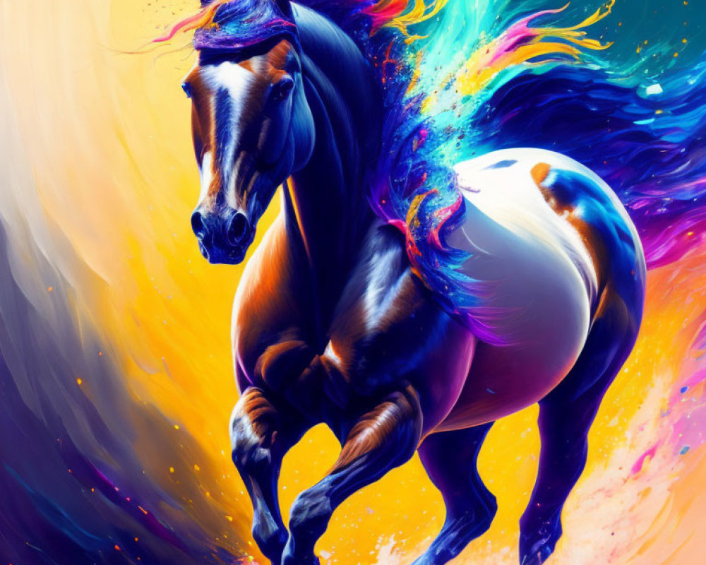 Colorful horse digital painting with dynamic mane and tail