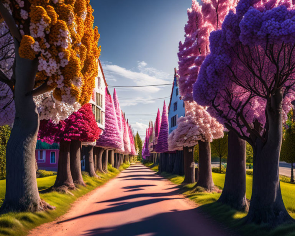 Multicolored trees casting shadows on a vivid path with a house in view