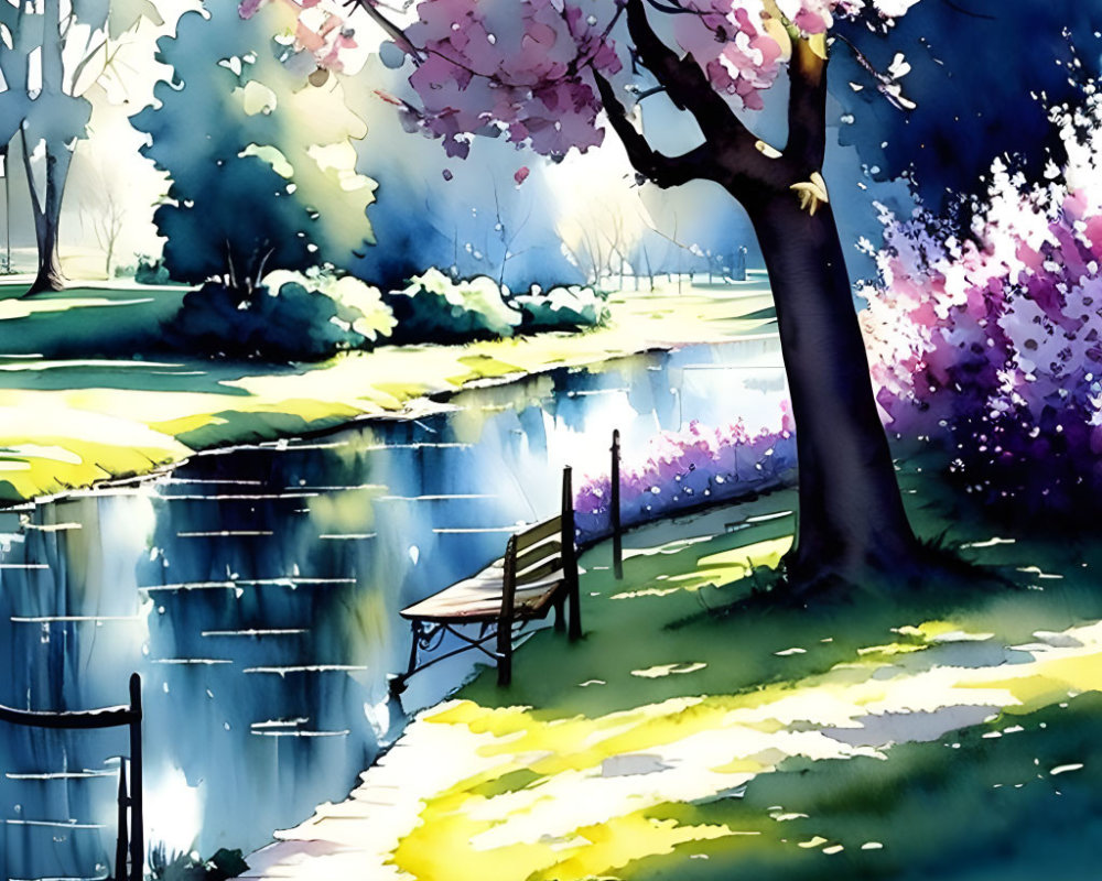 Tranquil riverside watercolor with blooming trees and wooden dock