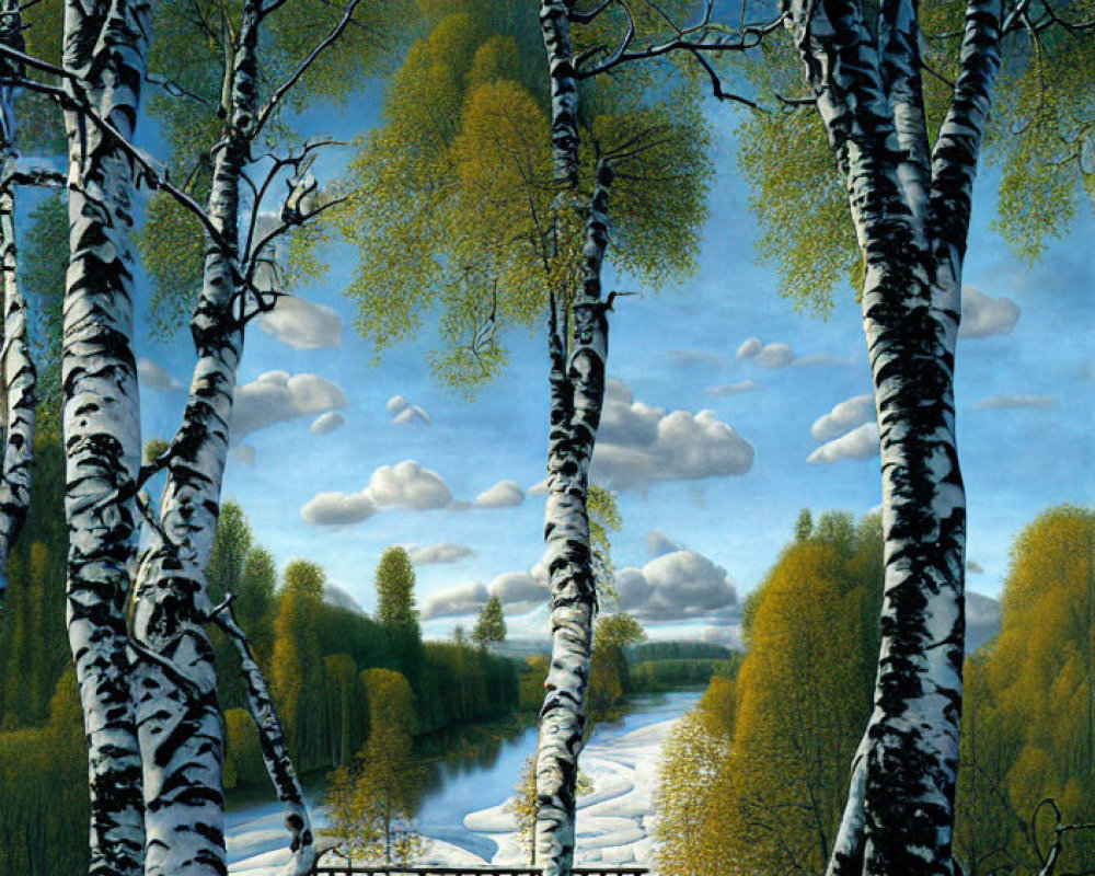 Tranquil landscape with birch trees, river, and bridge