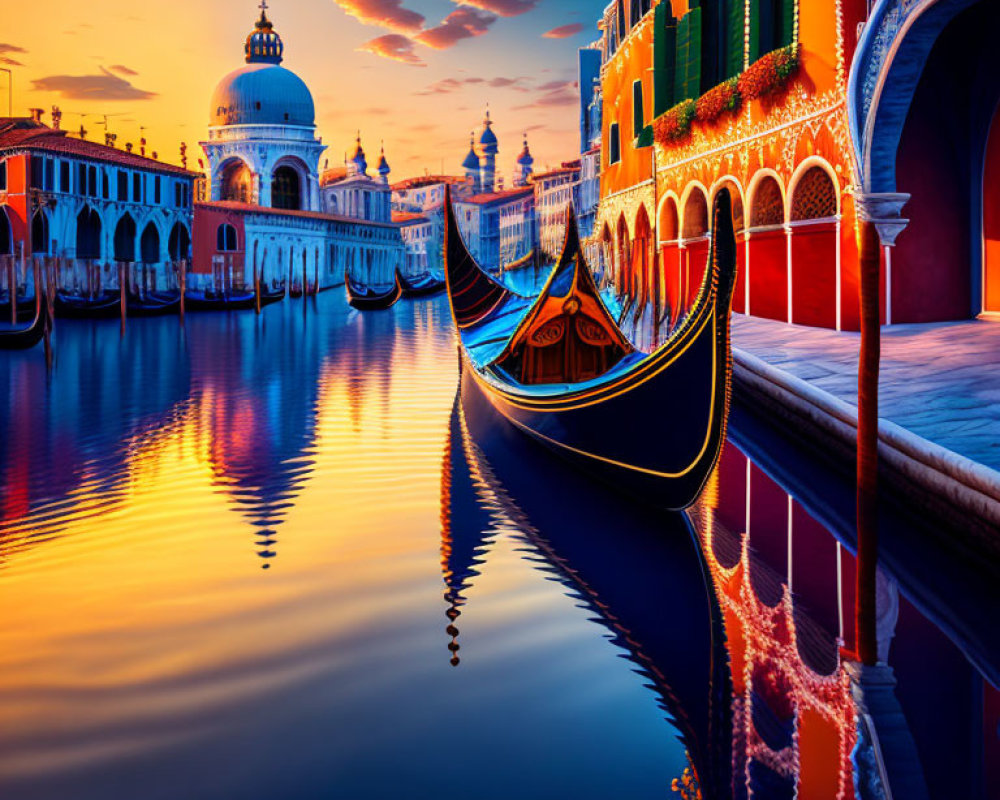 Venice Sunset Scene with Gondola and Colorful Buildings