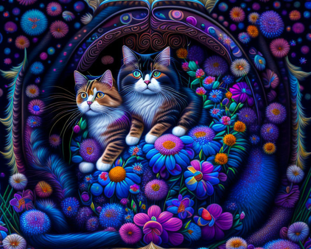 Two alert cats amid vibrant flowers on dark blue background