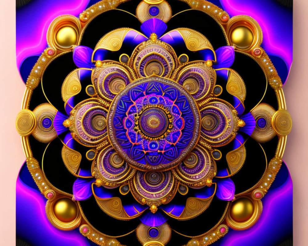 Symmetrical fractal mandala art with gold, purple, and blue patterns