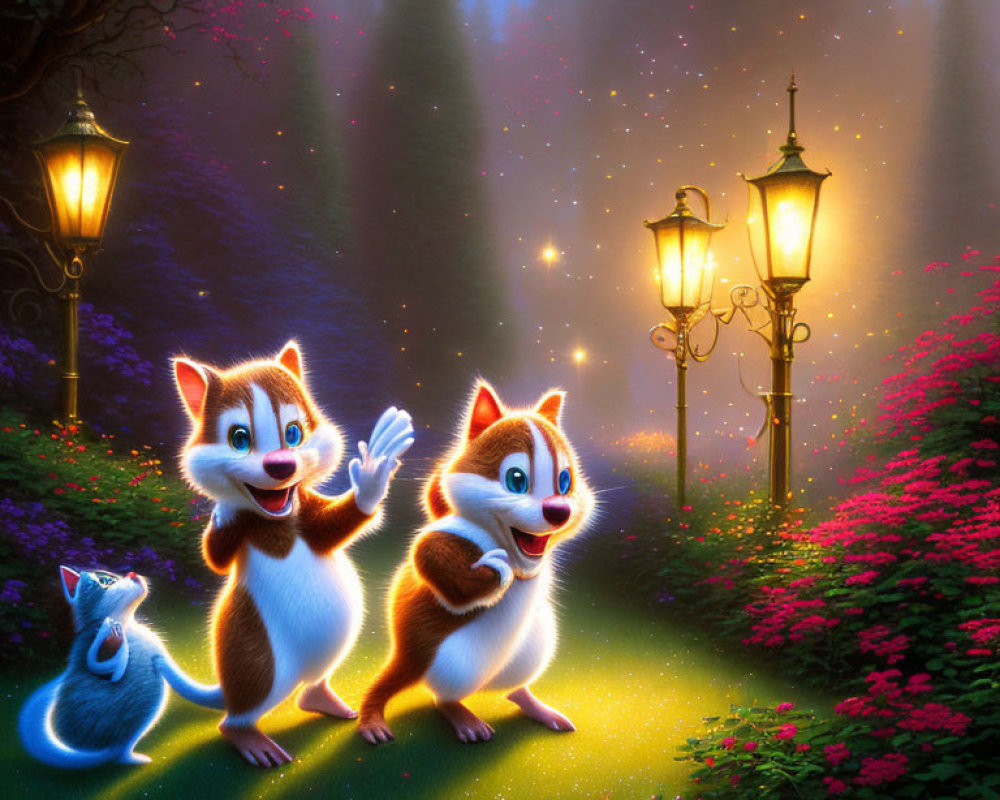 Animated chipmunks and bird on starlit path with vintage lampposts.