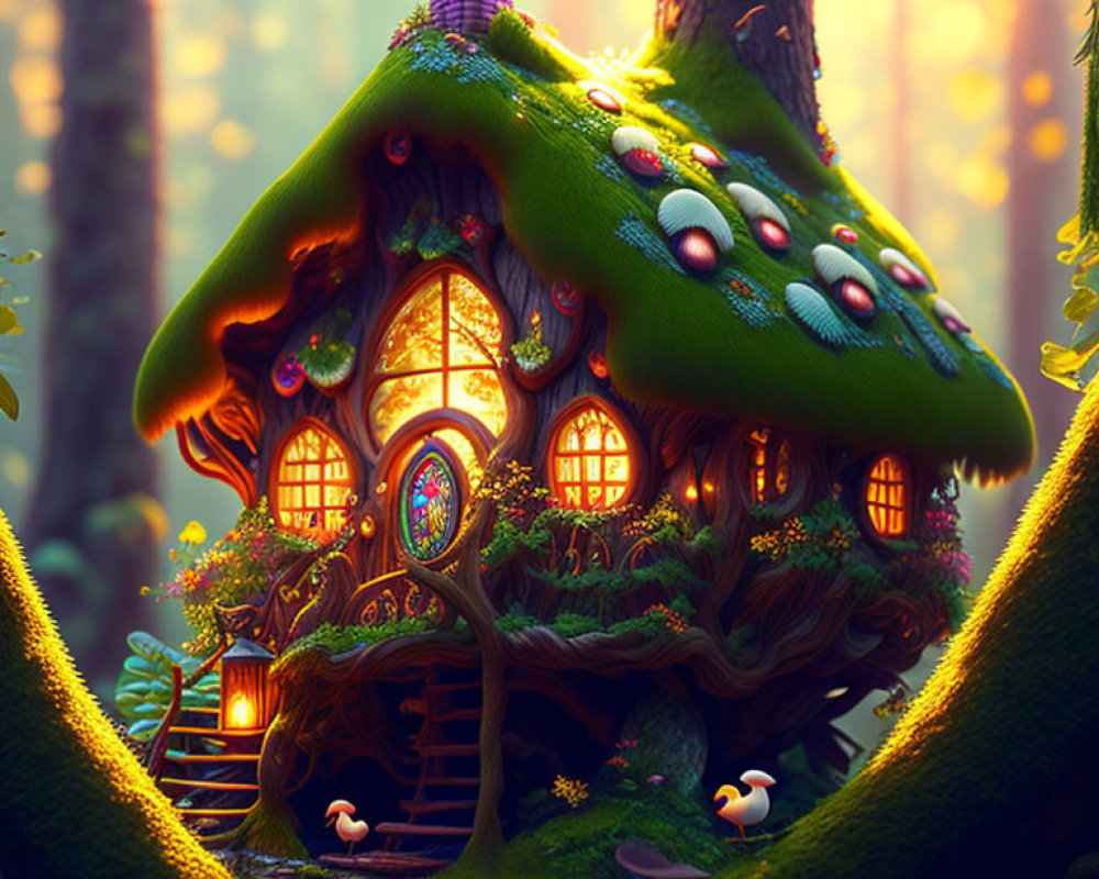 Whimsical treehouse in enchanted forest with colorful mushrooms