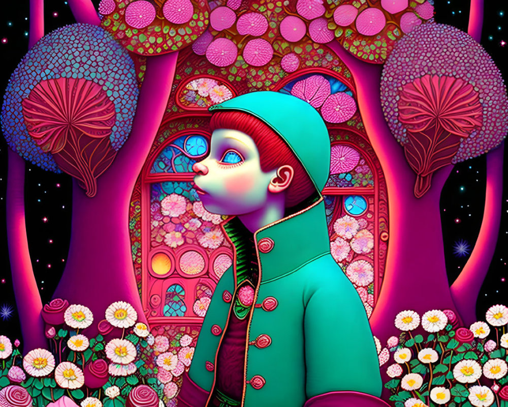 Colorful digital artwork: Child in teal coat surrounded by psychedelic nature scene