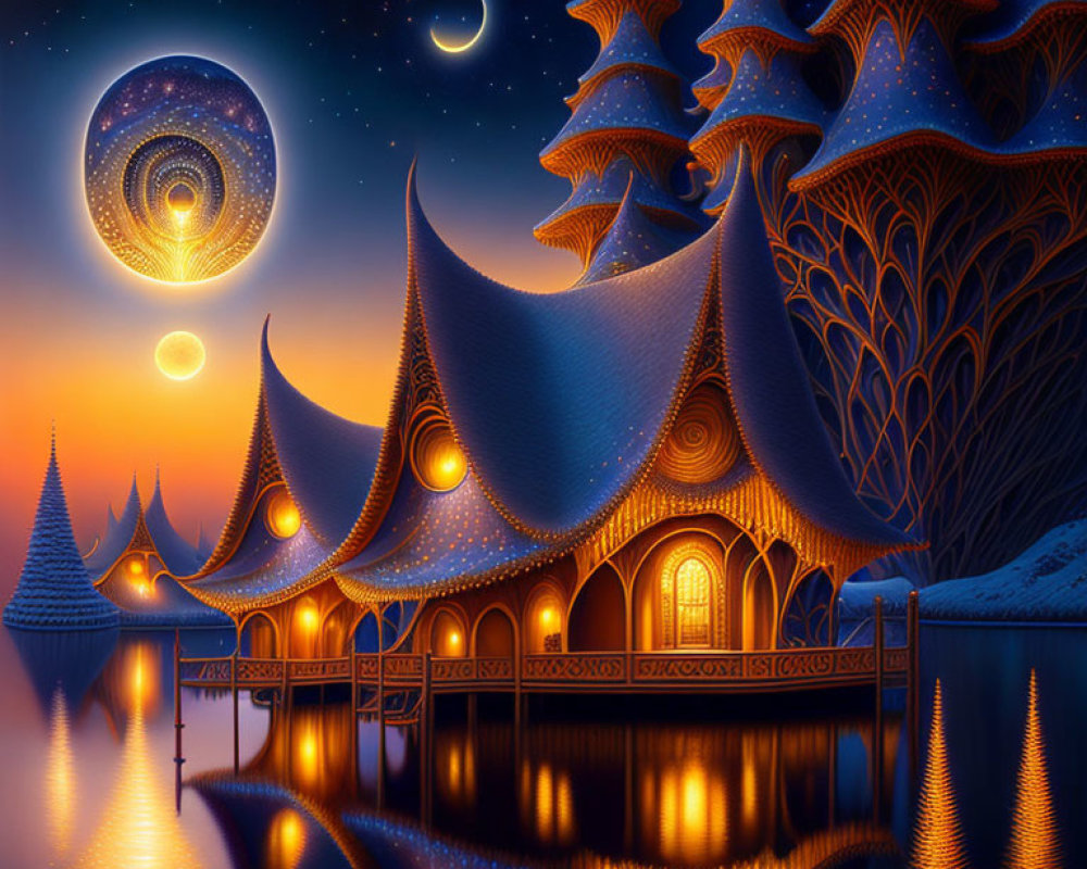 Fantasy buildings with intricate designs on a starlit lake