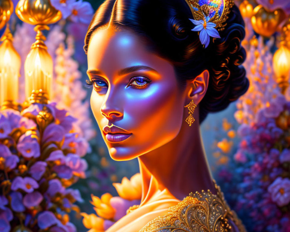 Digital artwork of woman with glowing skin, golden jewelry, and floral backdrop