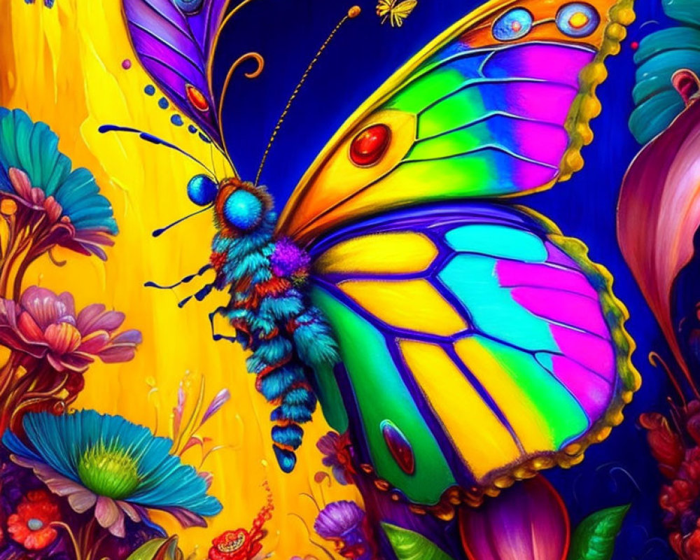 Colorful Butterfly Illustration with Flowers and Insects