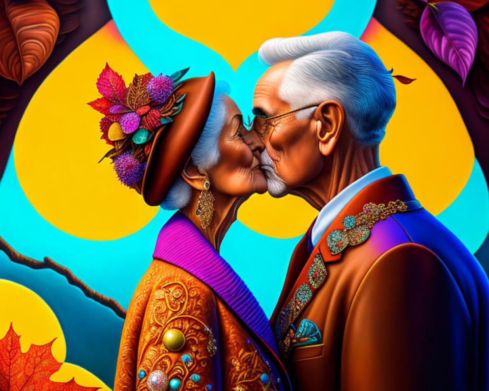 Elderly Couple Kissing in Colorful Attire Against Autumn Background