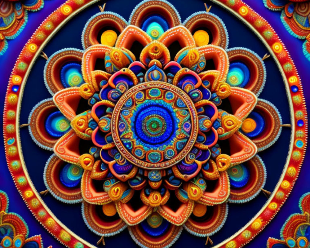 Colorful symmetrical mandala pattern on dark blue background