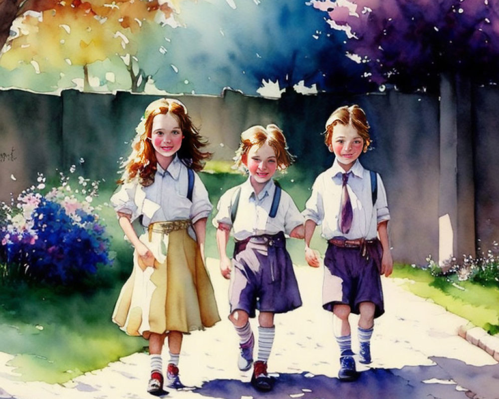 Three children in school uniforms walking down a sunny path with flowers and shadows.