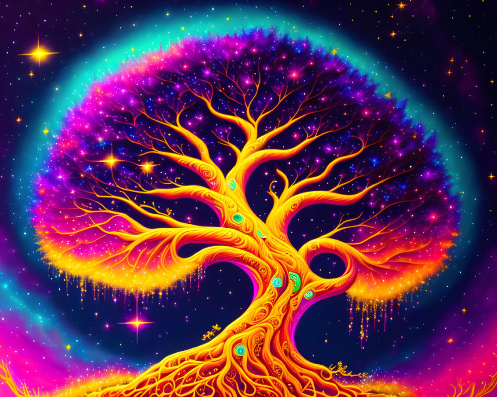 Colorful Psychedelic Tree Against Cosmic Background with Swirling Patterns