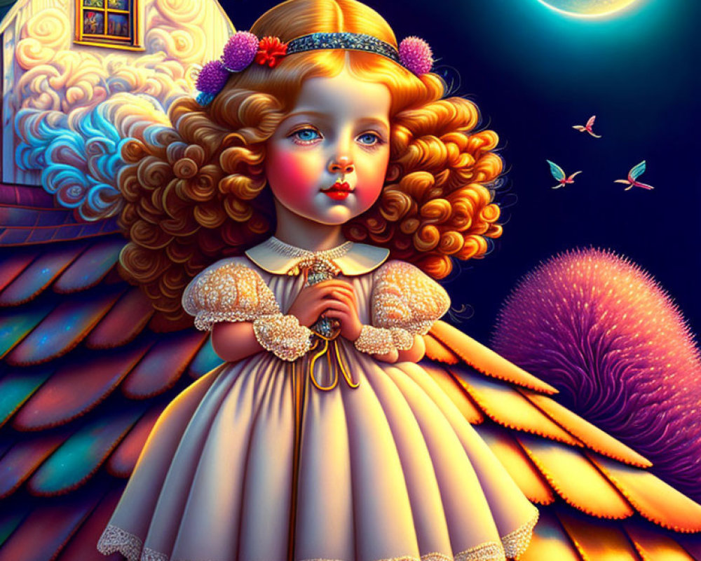 Young girl with curly hair in fairy tale scene with whimsical house, moon, butterflies, and star