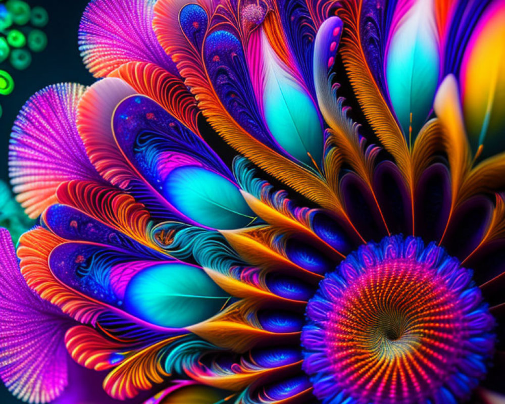 Neon-colored feather-like structures in intricate digital art