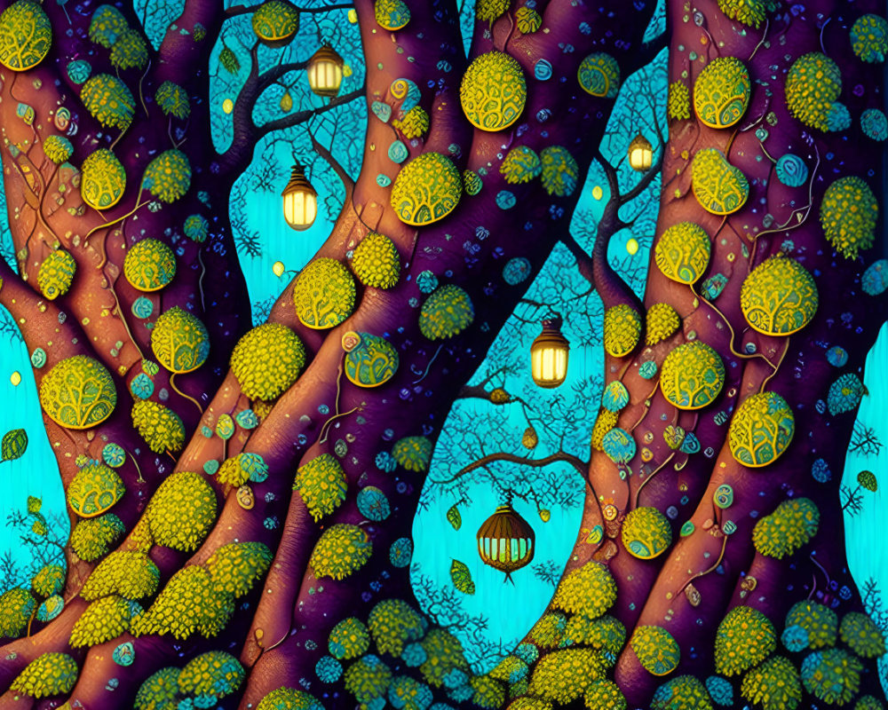 Mystical forest at night with glowing lanterns and intricate foliage patterns