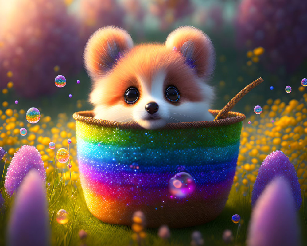 Fluffy Cartoon Puppy in Colorful Knitted Basket with Soap Bubbles