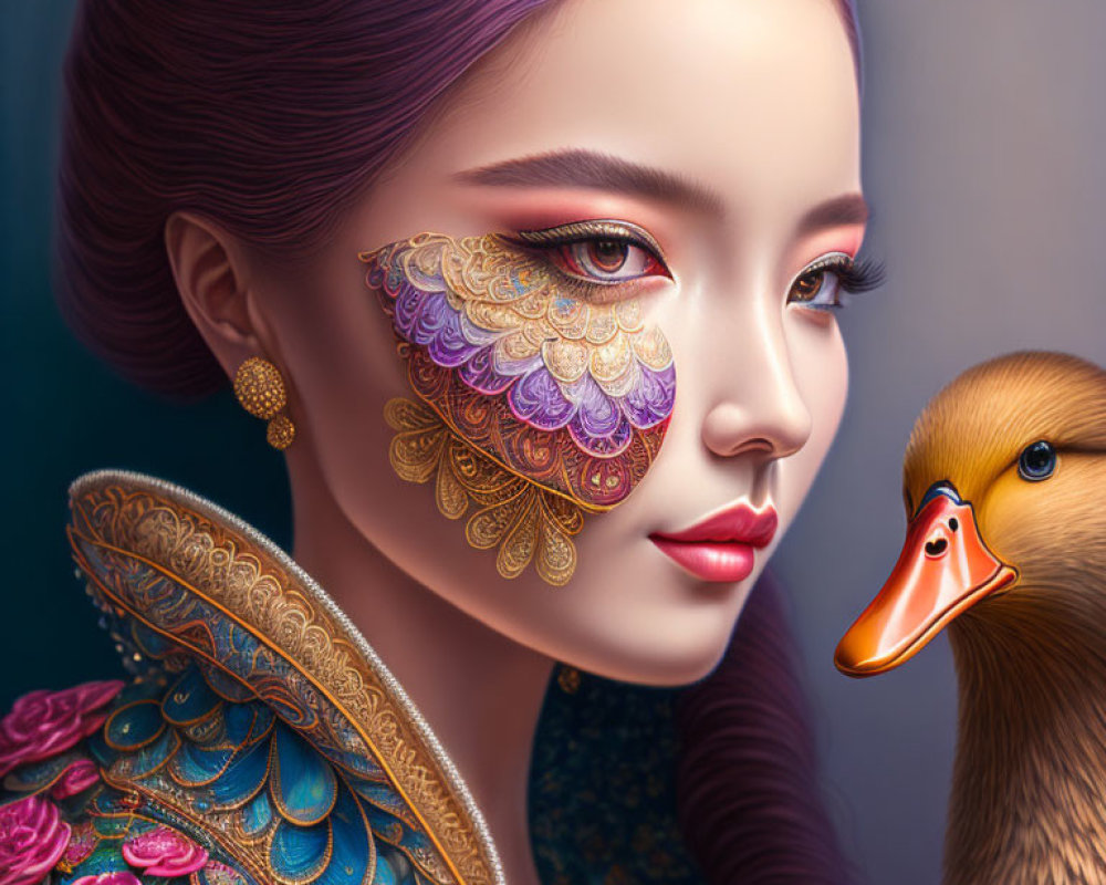 Digital artwork: Woman with purple hair and feather-like facial adornment next to realistic duck