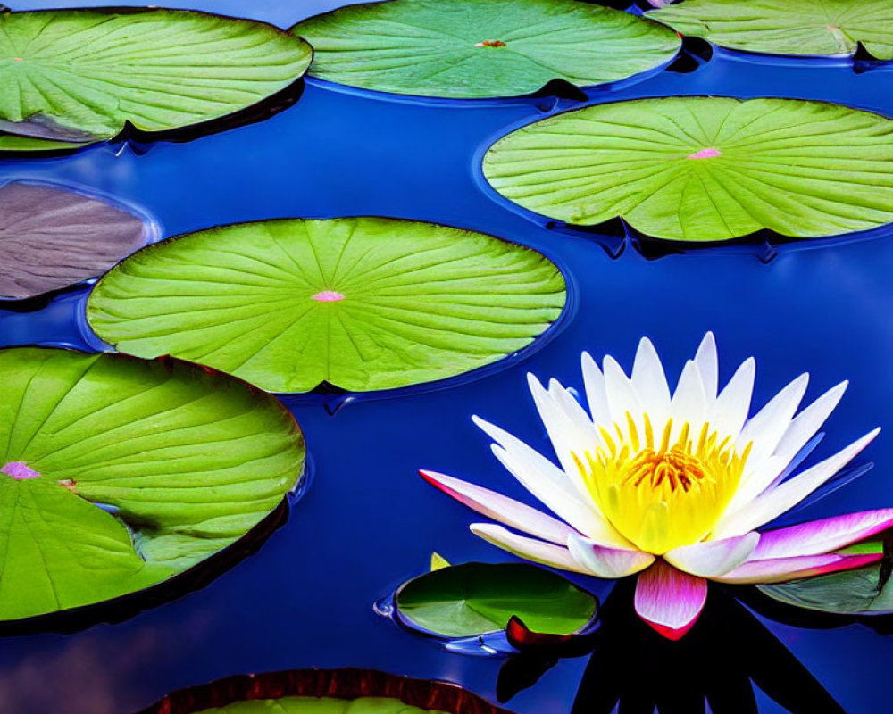 Vibrant water lily blooming on calm blue water