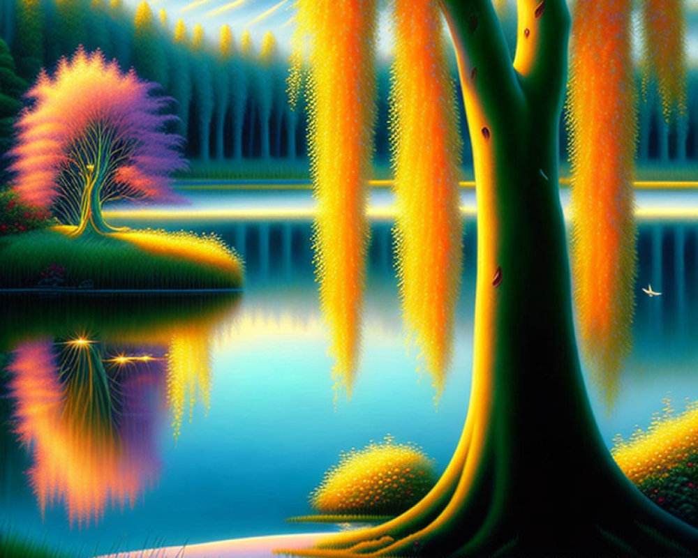 Surreal landscape with luminous trees, reflective water, and distant mountain