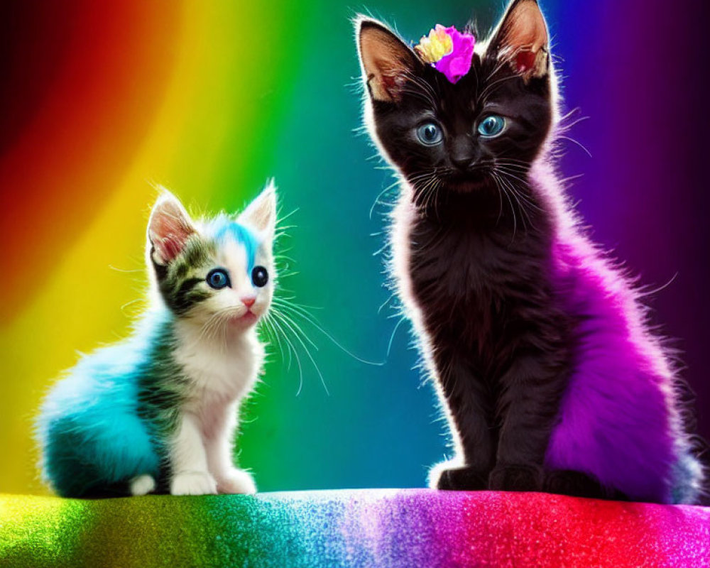 Vibrantly colored kittens on rainbow background with flower.