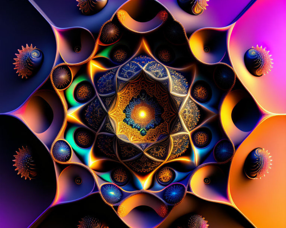 Colorful Fractal Artwork with Kaleidoscopic Pattern and Swirling Petal-like Shapes