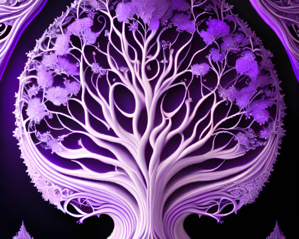 Symmetrical fractal tree with intricate purple branches on dark background