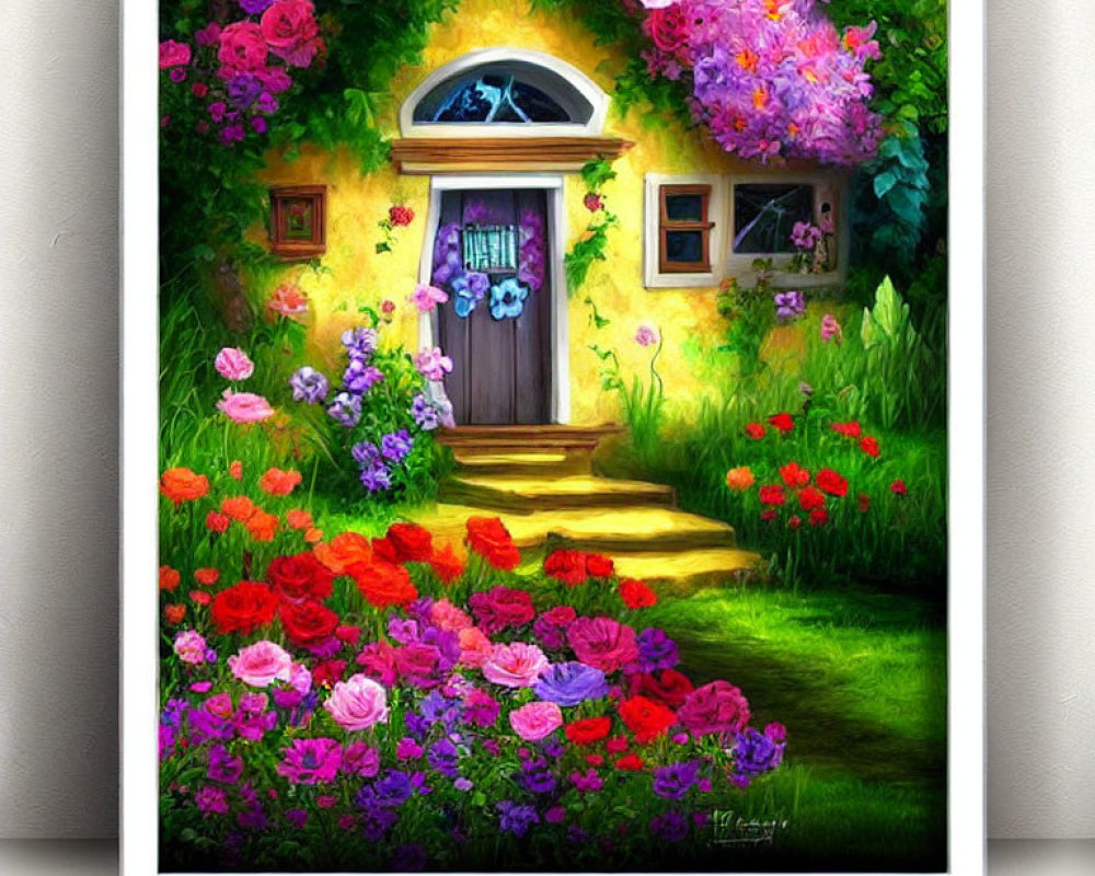 Colorful painting of home entrance with flowers & greenery