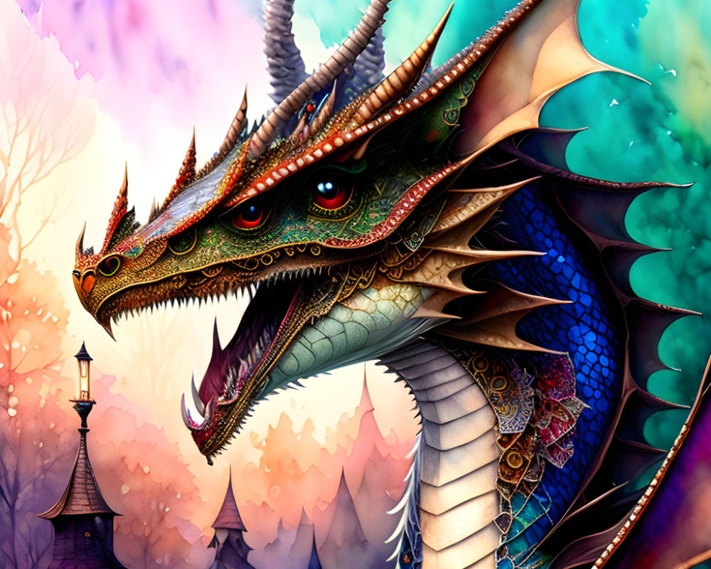 Colorful Dragon Illustration with Castle and Mystical Skies