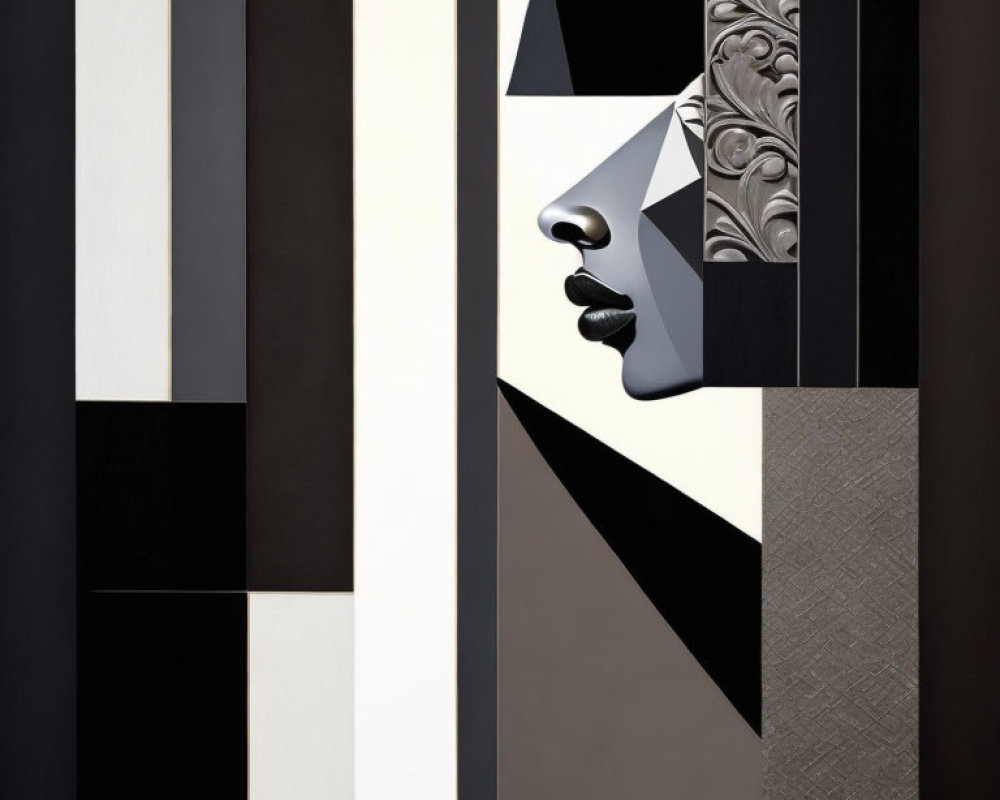 Geometric abstract black and white art with fragmented face motif