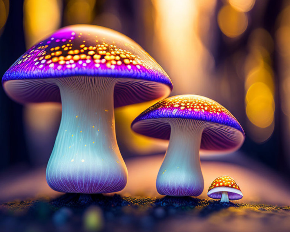 Bioluminescent mushrooms: purple caps, white stems, glowing in forest.